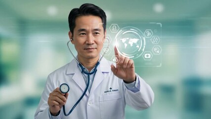 A doctor, stethoscope in hand, stands before a futuristic medical interface displaying health icons and a world map. He wears a lab coat - Powered by Adobe