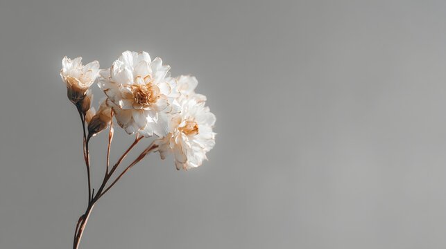 A delicate sprig of dried white flowers against a solid gray background. - Powered by Adobe