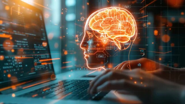 Ai brain concept with human hands typing on laptop, surrounded by glowing data and futuristic technology 4k video