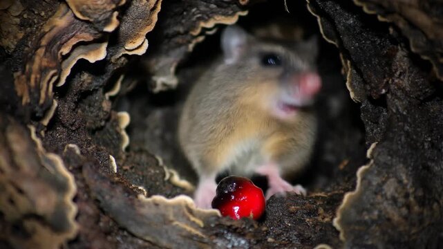 Close up of a Cute Dormouse Eating a Berry Inside a Hollow Tree Trunk