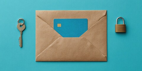 A brown envelope with a blue credit card, a key, and a padlock