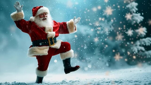 Santa claus joyfully dancing in a magical winter wonderland with falling snow and festive lights, celebrating christmas 4k video