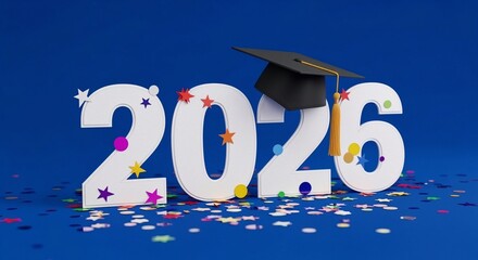 Graduation year 2026 displayed with cap and colorful confetti  
