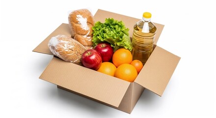 Food delivery box with bread, fruit, and vegetables on white background  