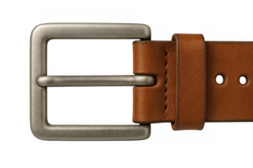 Brown leather belt with silver buckle, a classic men's fashion accessory. Transparent background, cutout for design elements