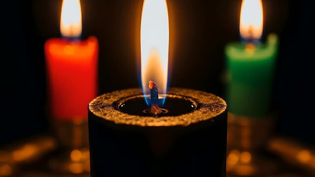Kwanzaa candles burning bright in red, black and green, symbolizing unity, self-determination and faith for Kwanzaa holiday celebrations and cultural traditions. 