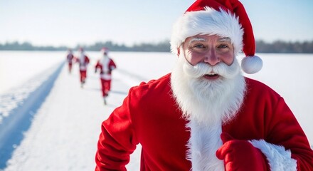 Santa Claus jogging on snowy path with other runners in winter  