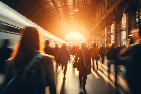 group of people walking through blurred train station. people walking in line and some of them carrying backpacks. Scene busy and bustling