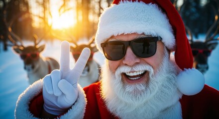 Santa Claus posing with reindeer in snowy landscape at sunset. Santa gives the Victory sign 