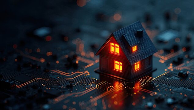 Tiny house model on illuminated circuit board