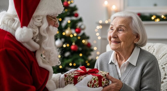 Santa Claus giving Christmas gift to elderly woman in cozy home  