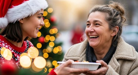 Young woman volunteer in Santa hat sharing food with smiling older woman outdoors. Donate food to hungry homeless people.  Christmas charity