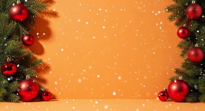 Christmas decor with red ornaments and snowflakes on orange background. Orange wall mockup with copy space decorated in Christmas style - Powered by Adobe
