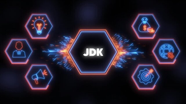 JDK central hexagon with surrounding icons and circuit board lines Java Development Kit