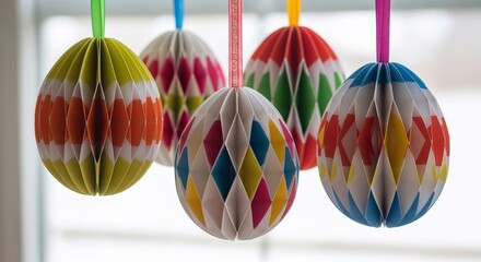 Colorful decorative paper Easter eggs hanging indoors  