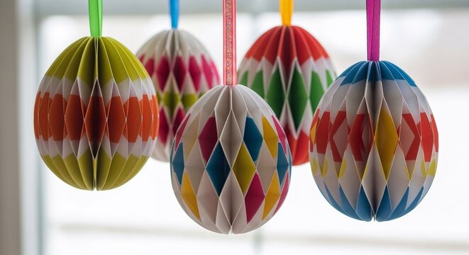 Colorful decorative paper Easter eggs hanging indoors