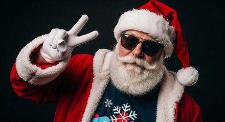 Santa Claus wearing sunglasses and making peace sign on dark background  