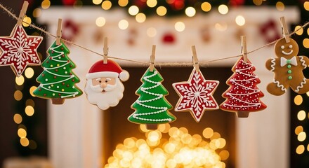 Colorful Christmas decorations with cookies hanging on string indoors  
