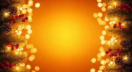 Christmas lights and decorations on warm orange background  