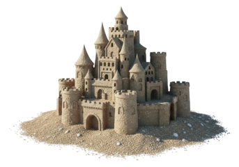 Intricately detailed fortress sculpted entirely from beach sand rests on a dark background