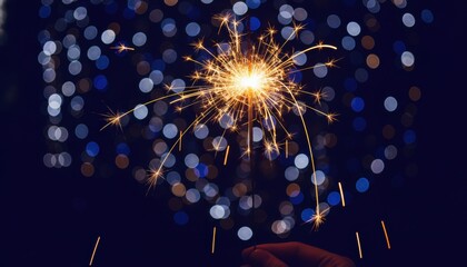 Hand Holding a Glowing Sparkler at Night with Blue and White Bokeh Lights