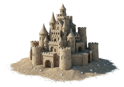 Intricately detailed fortress sculpted entirely from beach sand rests on a dark background
