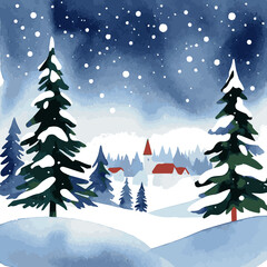 Create a kinds of deferent winter christmas trees landscape in watercolor style vector art with white background.