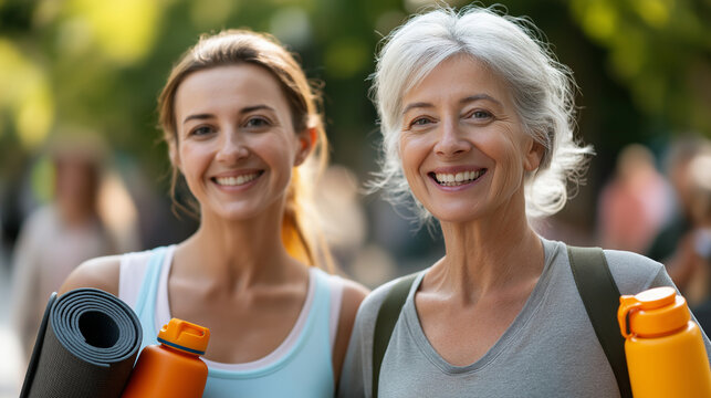 Young adult child and middle-aged mum walking in public park with yoga mats and water bottles, smiling, active aging, wellness lifestyle, with copy space