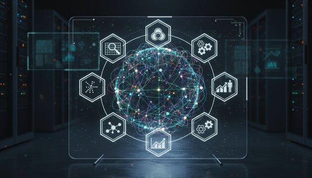 Futuristic Transparent Screen Displaying Global Data Network with Abstract Icons in a Server Room - Powered by Adobe
