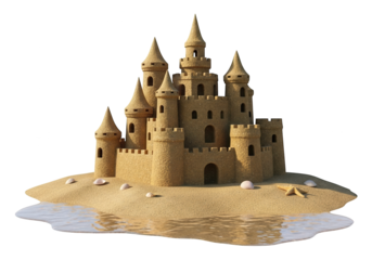 Intricately constructed seaside fortress rises from golden sand upon a dark background