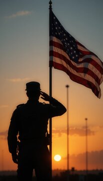 Silueta de un militar saludando junto a la bandera estadounidense ondeando al atardecer