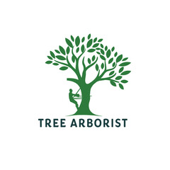 Tree arborist logo design featuring a silhouette of a man climbing a tree with ropes, isolated on modern, clean and professional