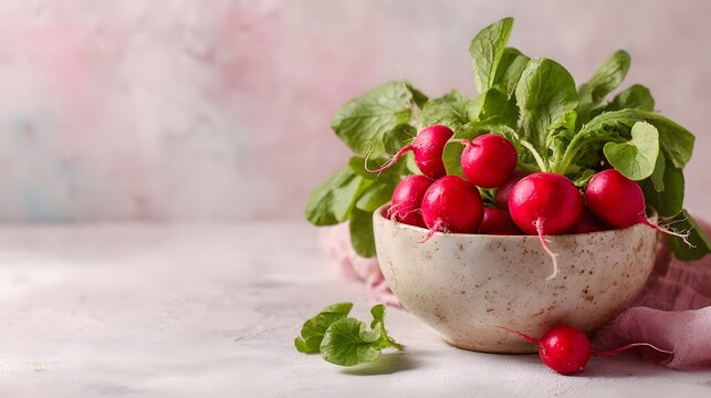 A fresh bunch of organic red radishes with green leaves in a rustic ceramic bowl on a light textured background. - Powered by Adobe