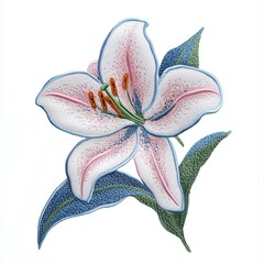 Lily blossom flower with leaves patch embroidery sewing cloth, isolated white