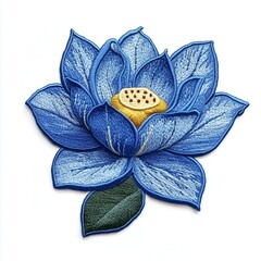 Blue lotus blossom flower with leaves patch embroidery sewing cloth, isolated white
