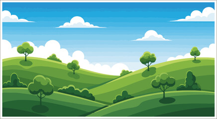 Obraz premium Create a landscape with green grass hills and trees with sky vector art with white background.