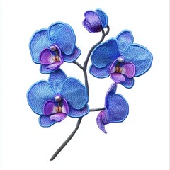 Blue Orchid blossom flower with leaves patch embroidery sewing cloth, isolated white