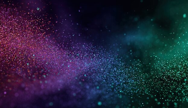 Abstract digital artwork of swirling colored particles against a dark background. Colorful, dynamic, and textured