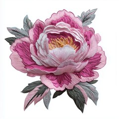 Pink peony blossom flower with leaves patch embroidery sewing cloth, isolated white