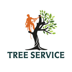 Tree service logo featuring a tree surgeon climbing a tree, symbolizing professional tree care and maintenance isolated on