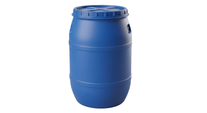 A vibrant blue plastic barrel, rendered with clean lines, stands against a stark black background.