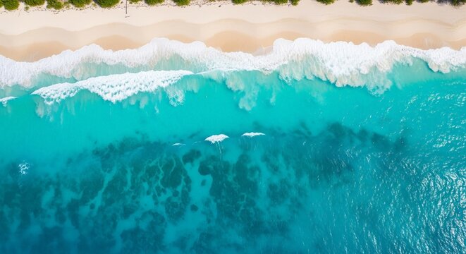 Aerial view captures turquoise ocean waves crashing onto a pristine, sandy beach coastline.