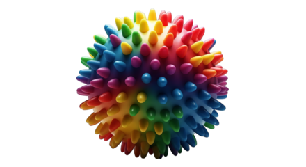 A vibrant, colorful spiky massage ball glows against a stark black backdrop, visually dynamic.