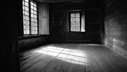 Naklejka premium Dim, empty room with wood walls and windows