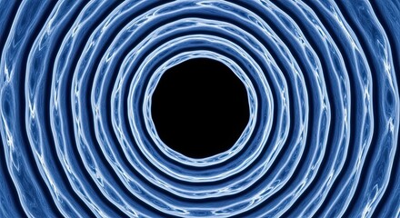 Abstract futuristic background of glowing blue concentric rings forming a tunnel or vortex with a detailed fibrous texture against a dark, empty center