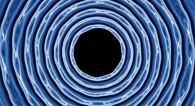 Abstract futuristic background of glowing blue concentric rings forming a tunnel or vortex with a detailed fibrous texture against a dark, empty center