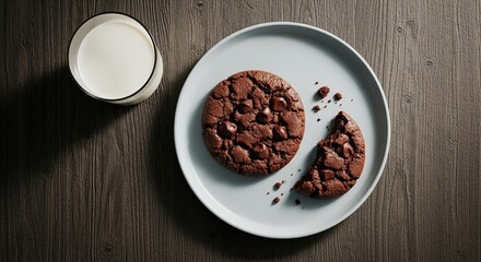 A top-down view of freshly baked double chocolate chip cookies on a pale plate with a glass of milk on a rustic dark wood table, creating a cozy and comforting scene