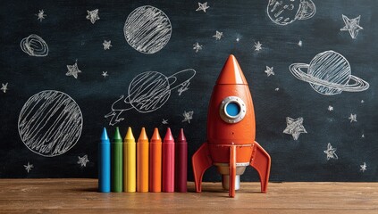 Colorful crayons and a rocket ship on a chalkboard-themed desk