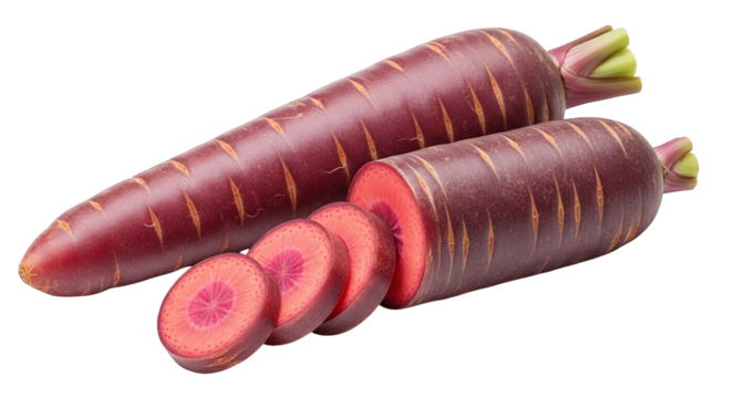 A vibrant composition showcases whole and sliced purple carrots against a dark background.