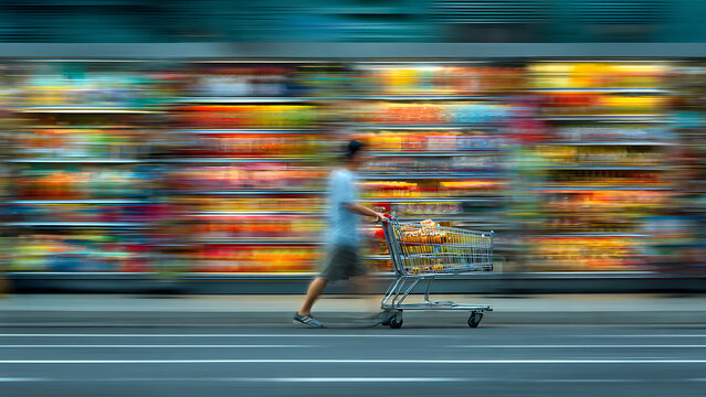 A blurred motion shot of a shopper pushing a cart past supermarket gondolas, conveying speed, busy shopping, and efficiency.